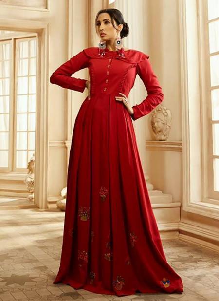 Red Colour Stylish Gown Designer Party Wear Pure Rayon Cotton Fancy Long Kurti Collection 1003
